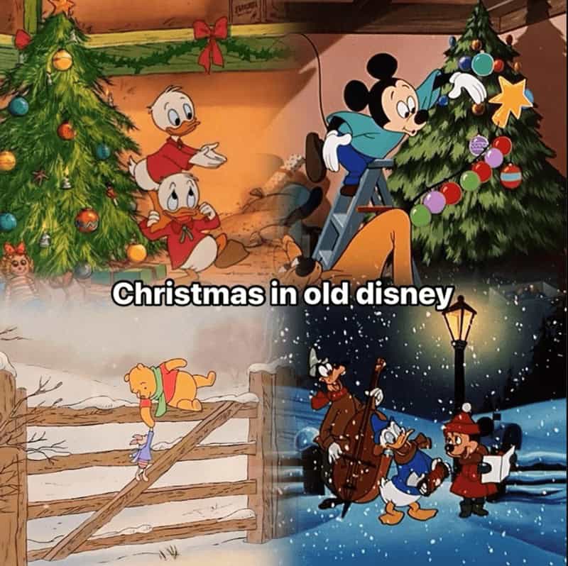 A christmas cartoon meme collage of classic Disney characters celebrating holidays.