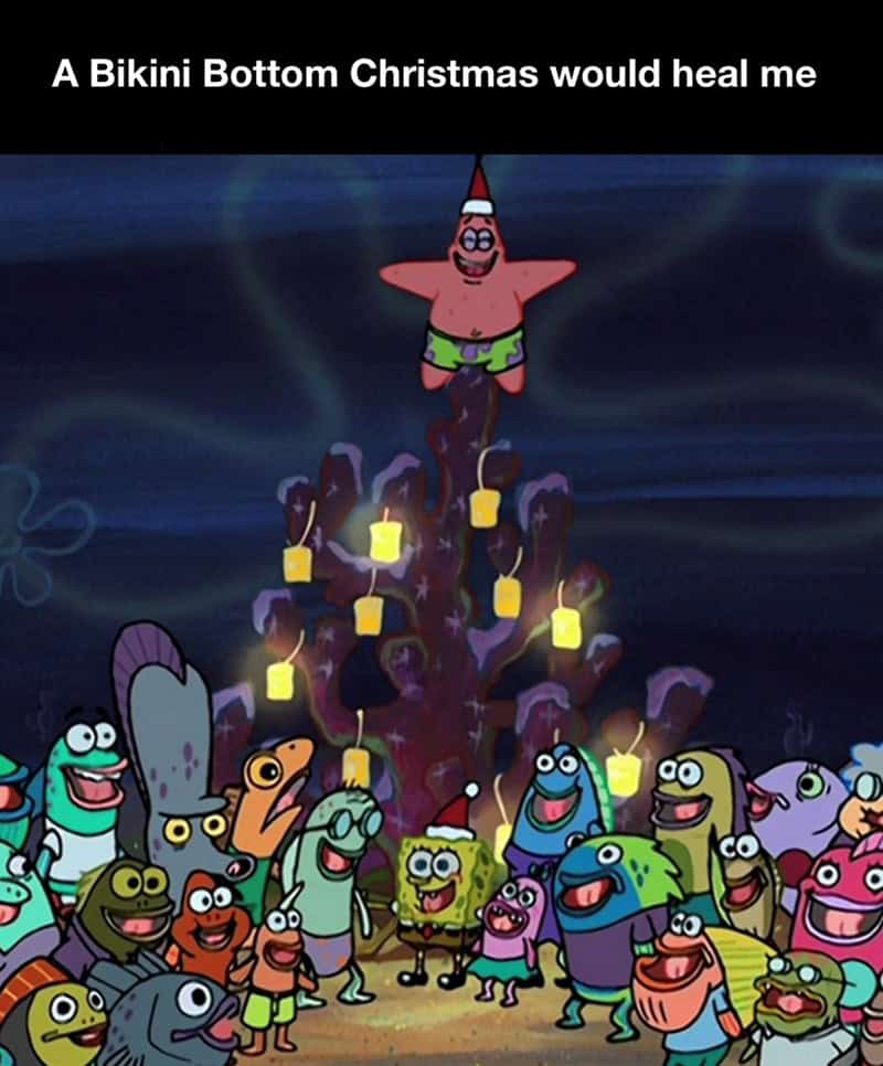 A christmas cartoon meme showing Patrick Star acting as the star on a coral tree.