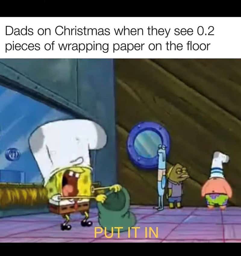 A christmas cartoon meme of SpongeBob holding a bag yelling about wrapping paper.