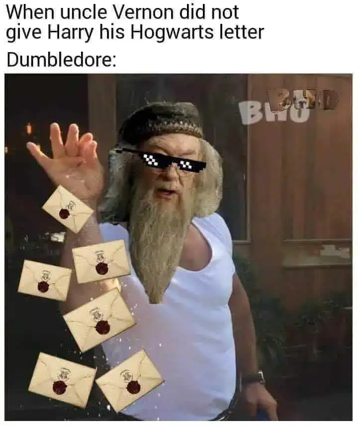 A meme about Harry Potter showing Dumbledore as Salt Bae sprinkling Hogwarts letters.