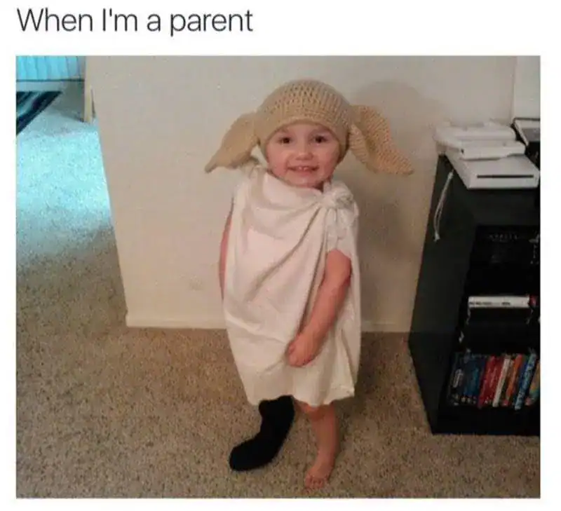 A cute Harry Potter meme of a toddler dressed up as Dobby the House Elf.