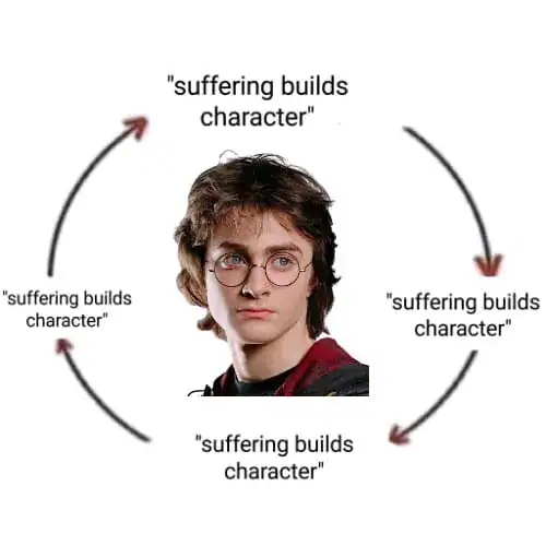 A Harry Potter meme diagram showing a cycle of suffering builds character for Harry.