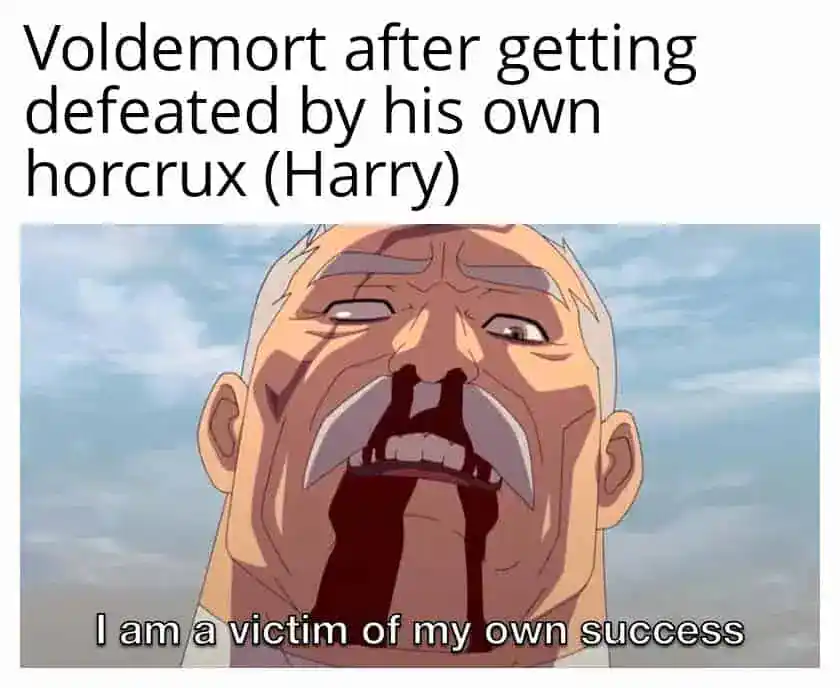 A Harry Potter meme using Invincible to show Voldemort defeated by his own success.