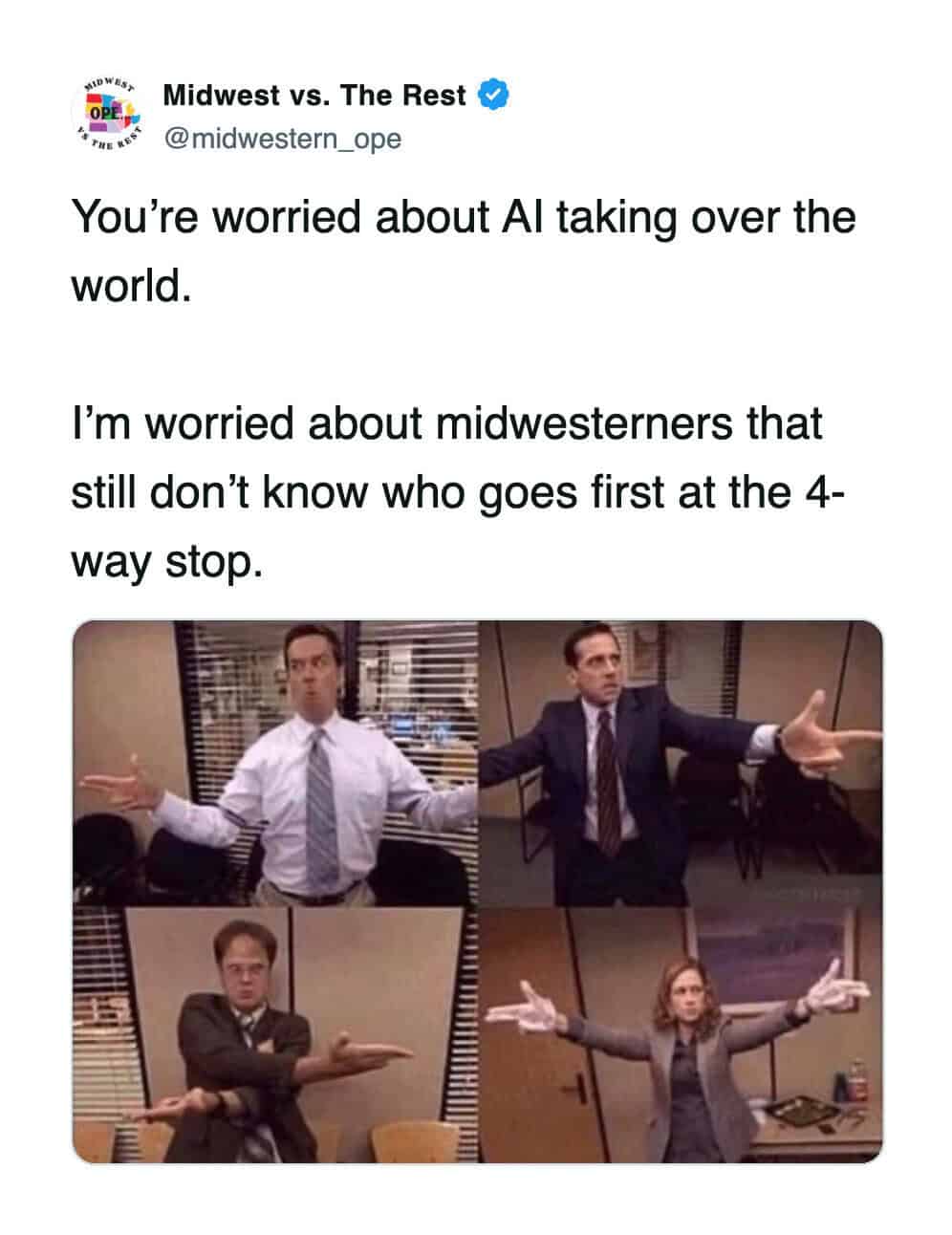 A Midwest meme using The Office standoff to depict the confusion at a 4-way stop.