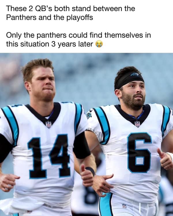 An NFL meme showing Sam Darnold and Baker Mayfield in Panthers jerseys about blocking the Panthers from playoffs