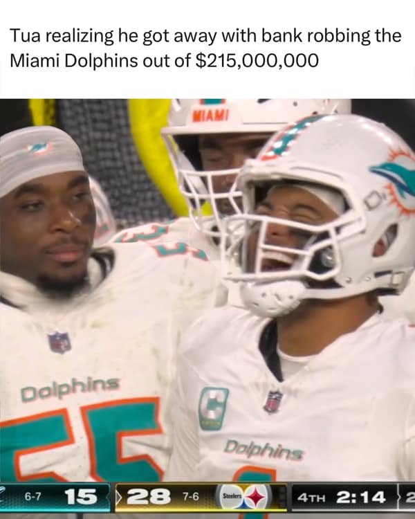 An NFL meme showing Tua Tagovailoa laughing about his massive contract with the Miami Dolphins
