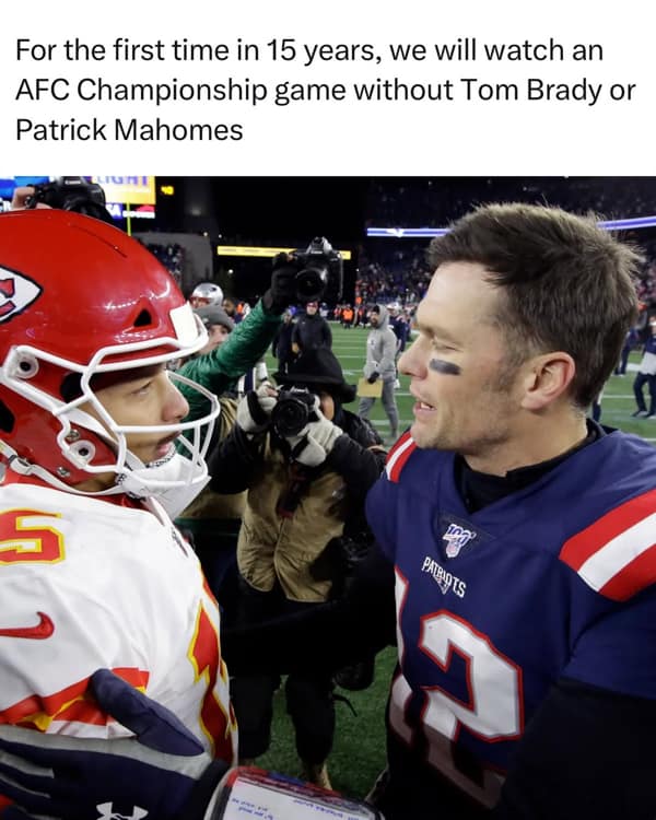 An NFL meme showing Patrick Mahomes and Tom Brady shaking hands about the end of an AFC Championship era