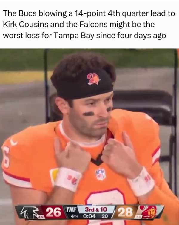 An NFL meme featuring Baker Mayfield looking stressed about the Bucs blowing a lead to Kirk Cousins
