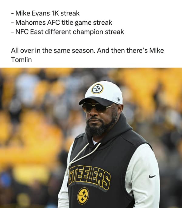 An NFL meme highlighting Mike Tomlin's consistency while other major streaks like Mike Evans' record end.