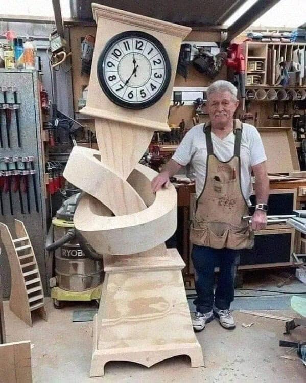 An amazing woodworking project showing a grandfather clock melting into a twisted knot