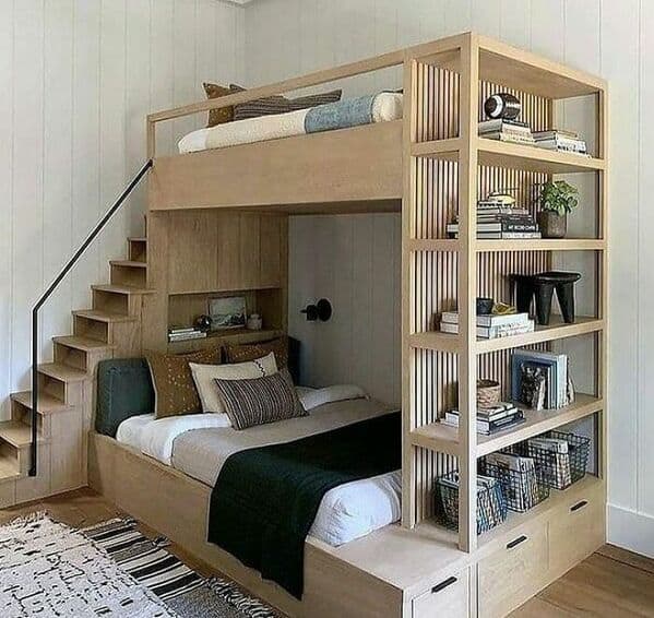 An amazing woodworking bunk bed design with built-in storage shelves and stairs