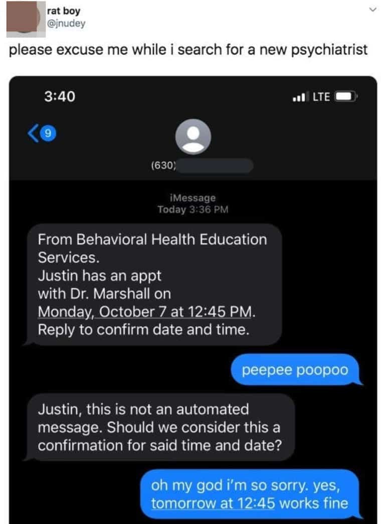 Text message screenshot replying peepee poopoo to a doctor's appointment confirmation text.
