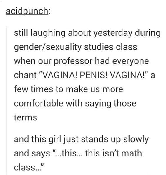 Story about a student realizing they are in the wrong class during a chanting exercise.