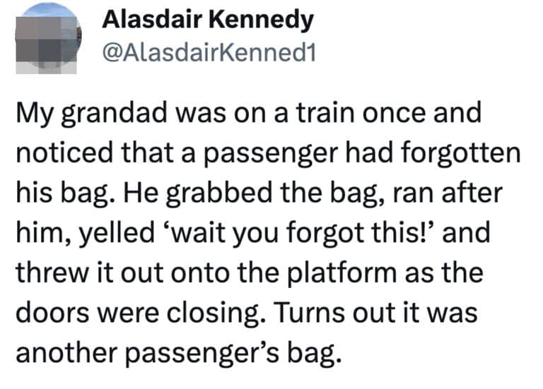Tweet about a grandad accidentally stealing a passenger's bag while trying to be helpful.