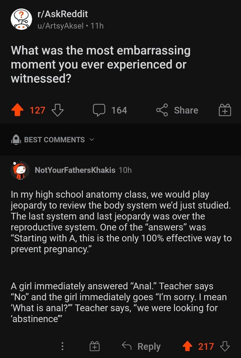 Reddit story about a student guessing anal instead of abstinence during anatomy jeopardy game.