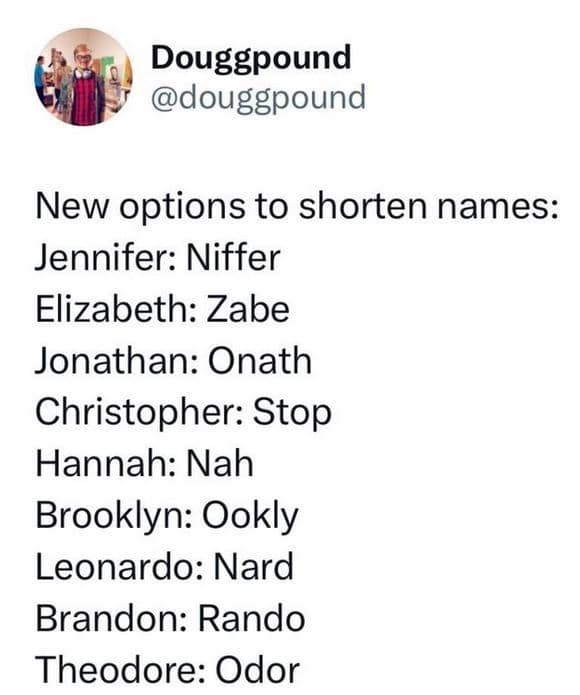 Funny tweet listing unconventional nicknames like Niffer for Jennifer in a baby name meme.