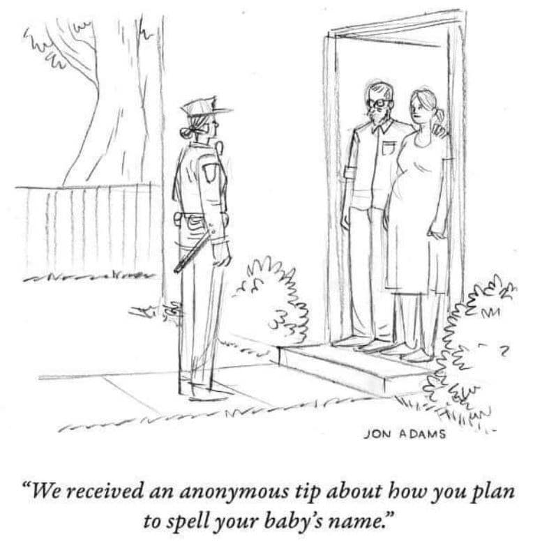 New Yorker style cartoon of police visiting parents about a bad spelling in a baby name meme.