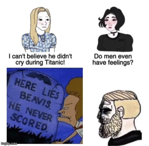 Comparison of Titanic sadness vs Beavis's tombstone in a beavis and butthead meme.