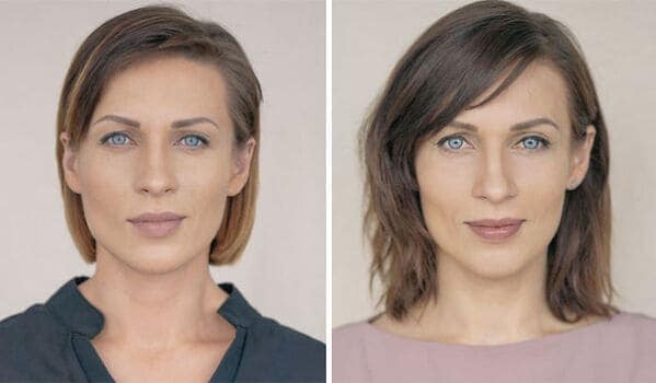 Comparison portrait of woman with short brown hair showing before and after pregnancy facial changes.