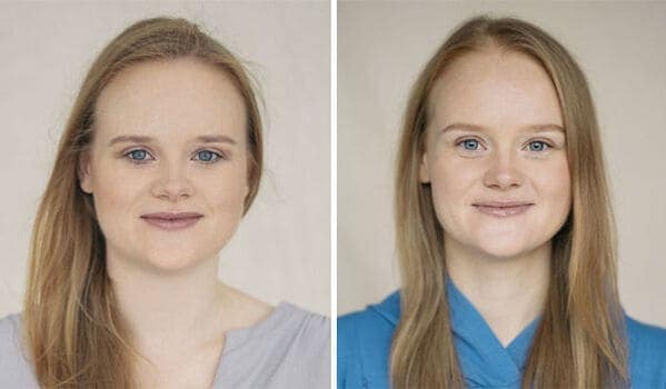 Fair skinned woman with strawberry blonde hair before and after pregnancy portrait comparison.