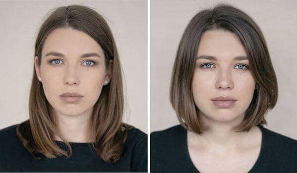 Side by side portrait of brunette woman with blue eyes before and after pregnancy.