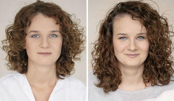 Curly haired woman side by side portrait comparison before and after pregnancy.