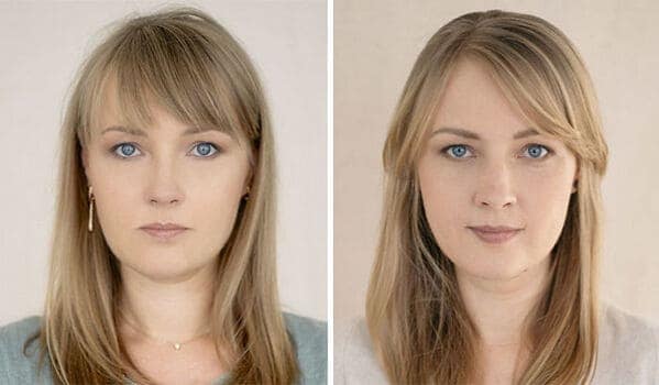 Blonde woman with bangs side by side portrait comparison before and after pregnancy.