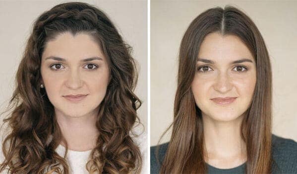 Woman with long dark wavy hair changing hairstyles before and after pregnancy split screen.