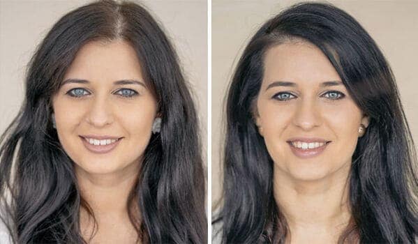 Smiling woman with long dark hair in close up before and after pregnancy portraits.