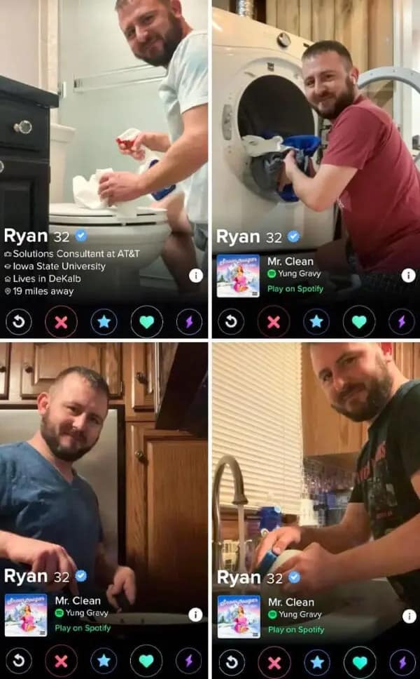 Collage of man named Ryan cleaning toilet laundry and dishes on dating profile.