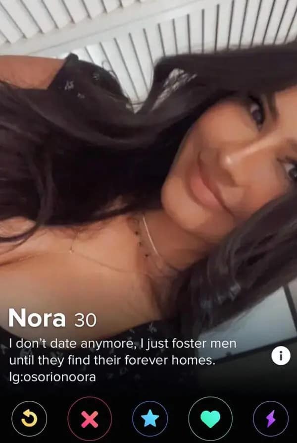 Selfie of woman named Nora with bio about fostering men for forever homes.