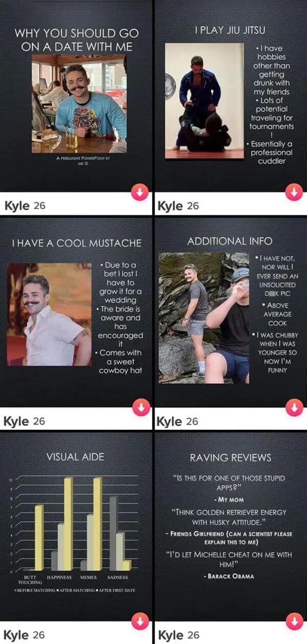 Dating profile formatted as PowerPoint presentation with graphs and pros list.