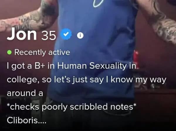 Torso shot of man with bio joking about failing human sexuality class.