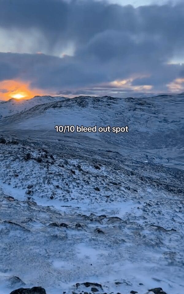 Snowy mountain range at sunset labeled as a 10/10 bleed out spot meme