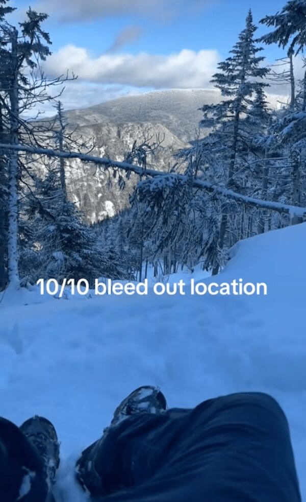Person's legs resting on a snowy cliff as a 10/10 bleed out spot meme.
