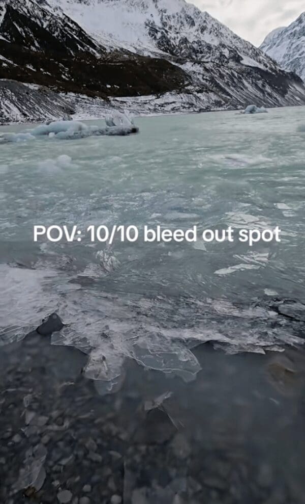 Glacial water with ice chunks labeled as a 10/10 bleed out spot meme.