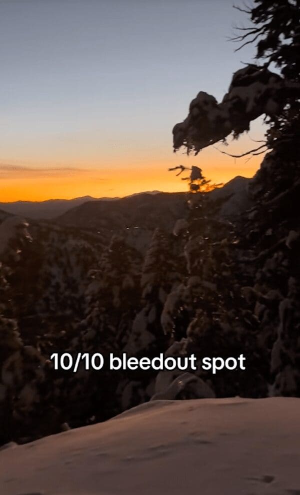 Sunset over a dark valley labeled as a 10/10 bleed out spot meme