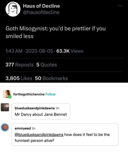 A funny literature meme tweet comparing a Goth Misogynist to Mr. Darcy from Pride and Prejudice.