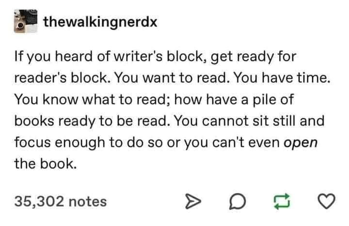 A relatable text post about reader's block where you have books and time but can't focus.