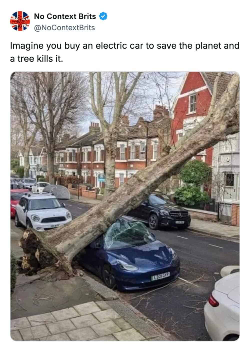 A british meme showing an electric car crushed by a tree.
