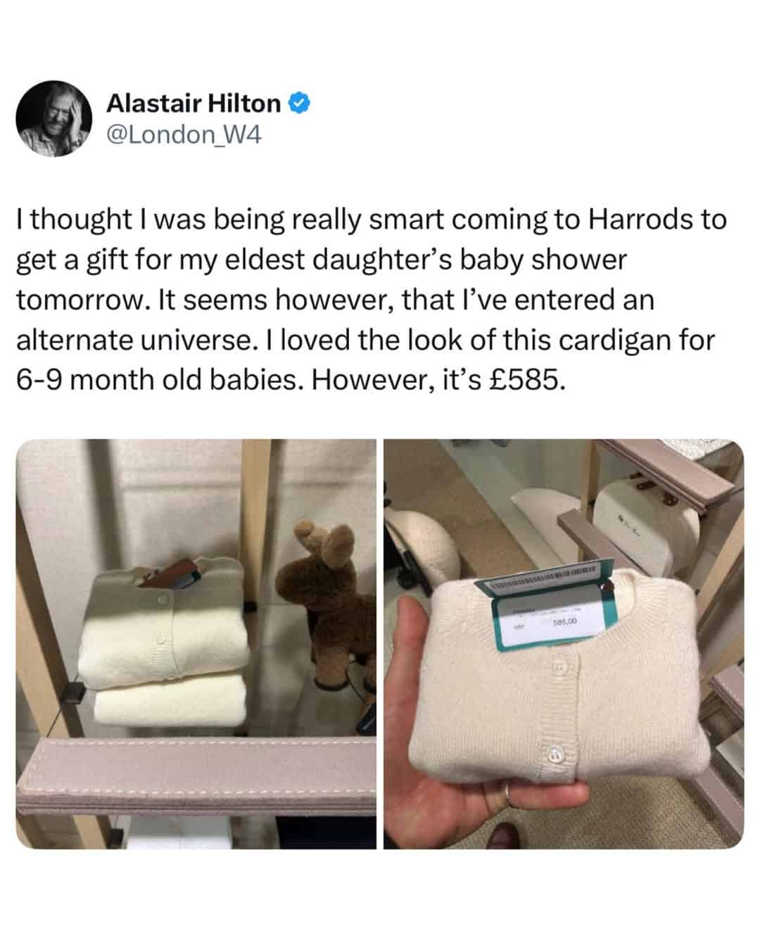 A british meme showing an expensive baby cardigan at Harrods.