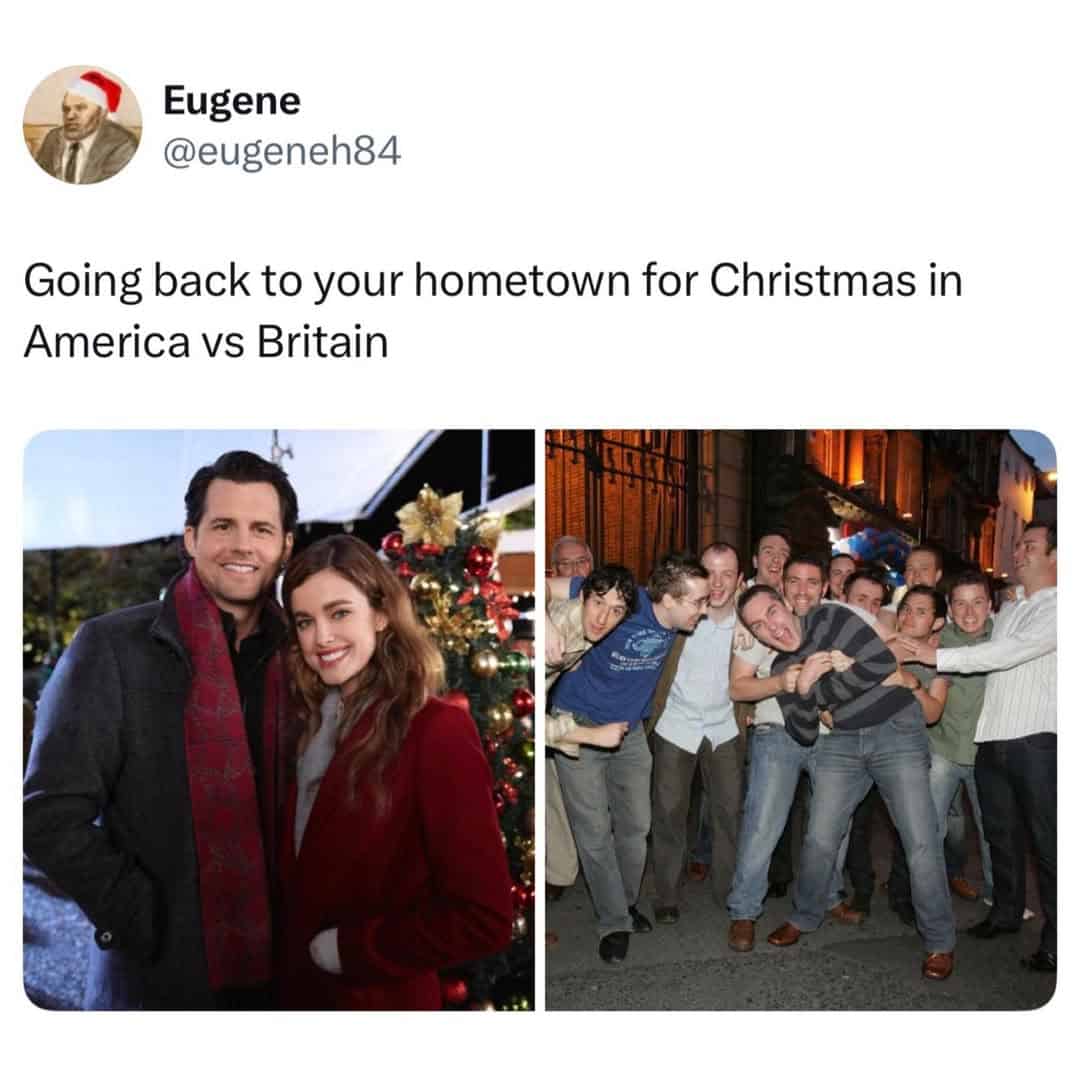 A funny meme comparing American Christmas movies to British hometown reality.