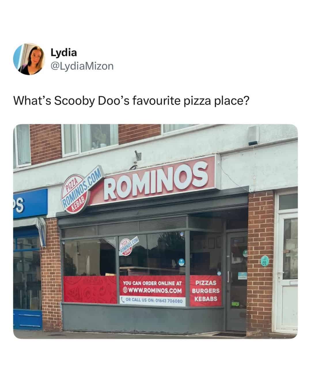 A british meme showing a pizza place named Rominos.
