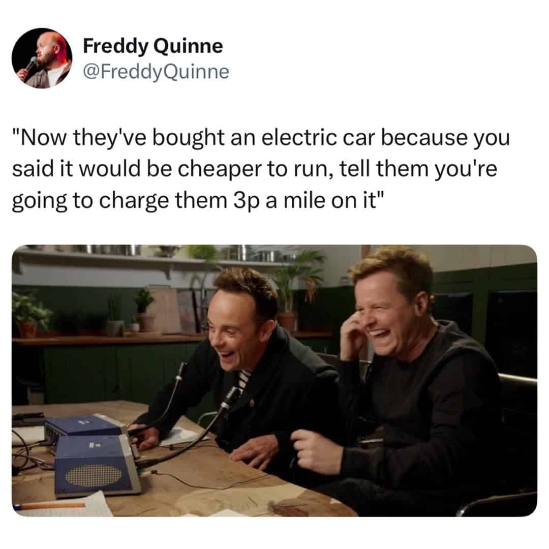 A british meme about charging friends for mileage in an electric car.
