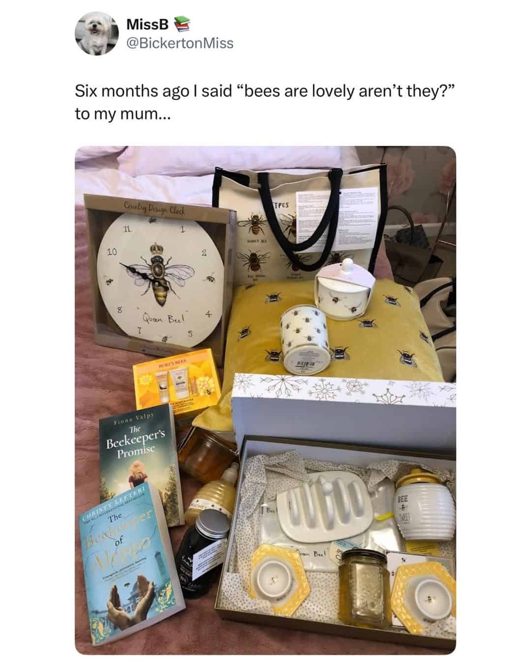 A photo showing a massive collection of bee themed gifts from a mom.