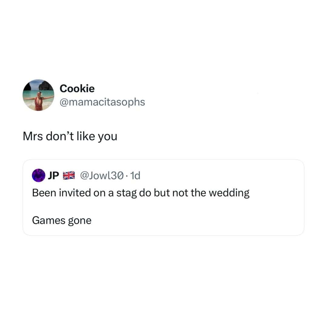 A british meme about not being invited to the wedding but invited to the stag do.