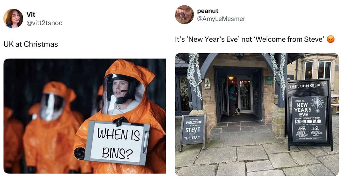 Collection of british meme images and funny british tweet compilations featuring bin day confusion and weather understatement