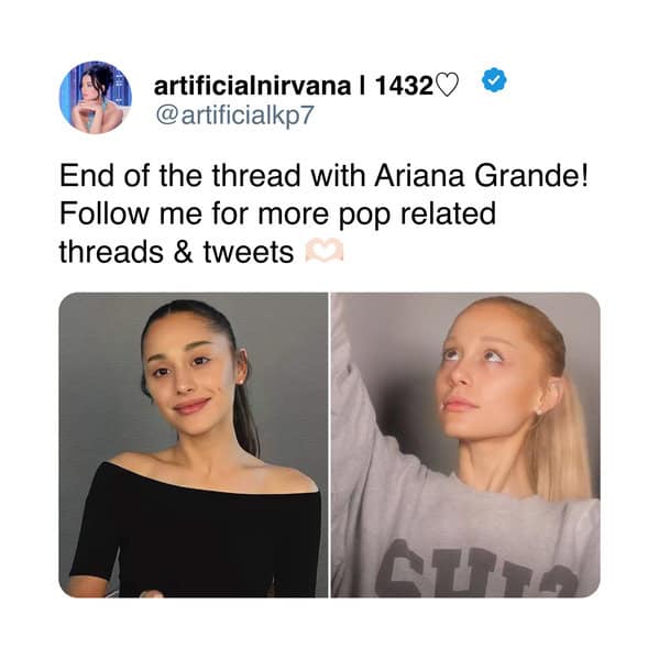 Ariana Grande side by side comparison showing blonde eyebrows and natural bare face.