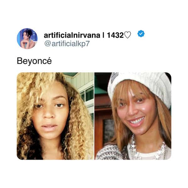 Beyoncé side by side comparison showing natural curly hair and fresh bare face.