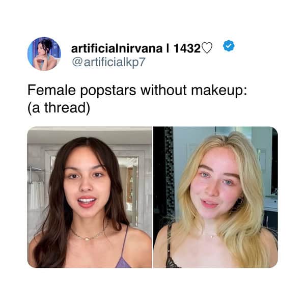 Twitter thread header featuring Olivia Rodrigo and Sabrina Carpenter natural fresh faced looks.